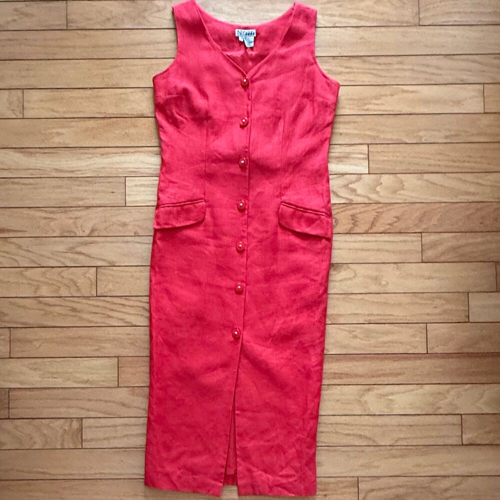 Vintage NY Sake Red Linen Button Maxi Dress ResortWear Vacation 90s chic